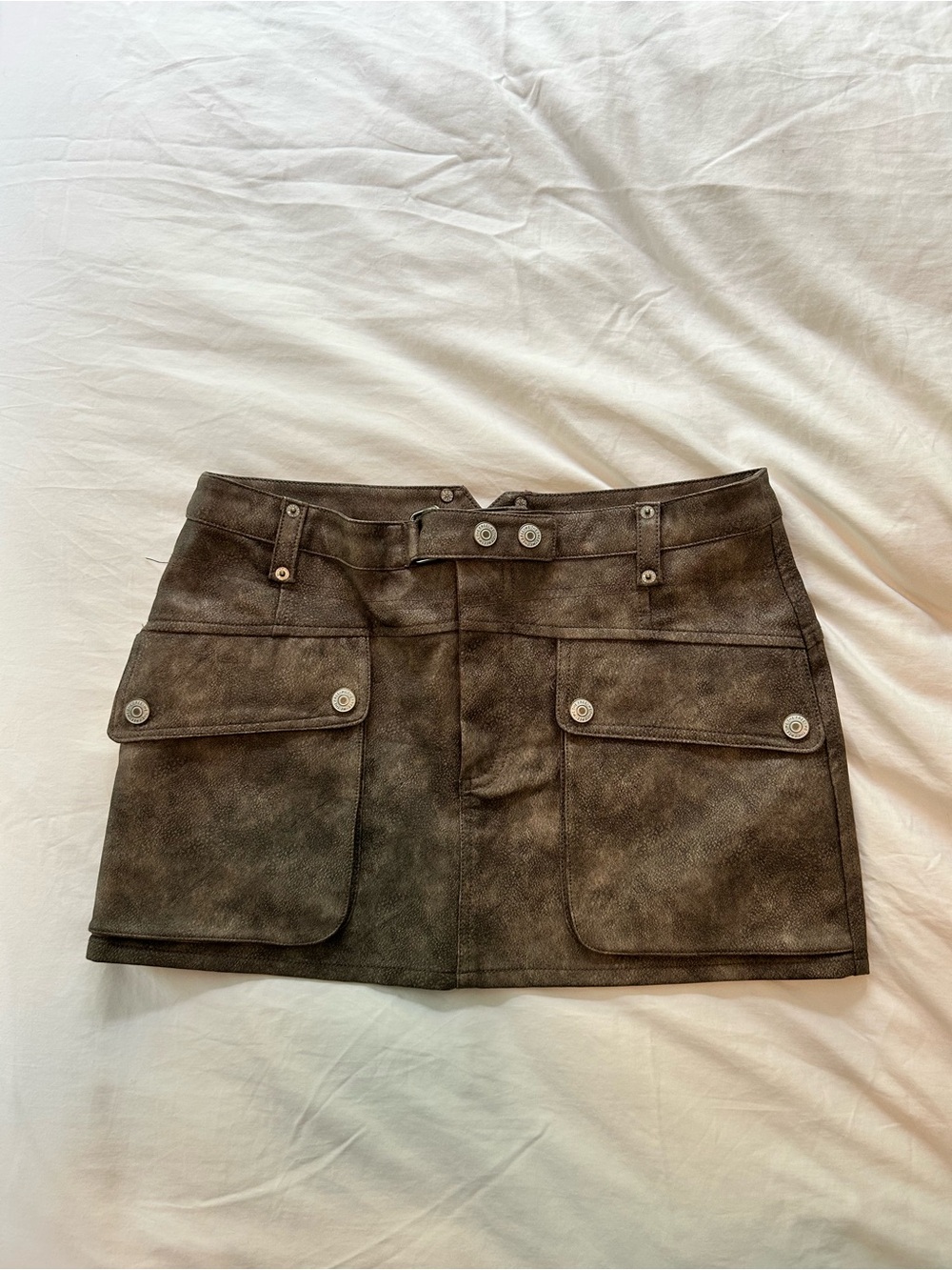 We The Free Brown Suede-Look Mini Skirt with Front Pockets